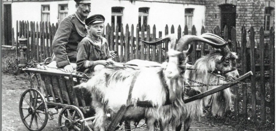 Titelseite Wäller Heimat 2027 mit Schwarz-Weiß-Foto von Mann mit Kind auf Ziegen-Leiterwagen